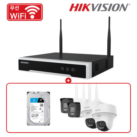 하이크비전 4채널 무선 CCTV 자가설치 세트 패키지 [실외불렛2개+실내PT2개+1TB]