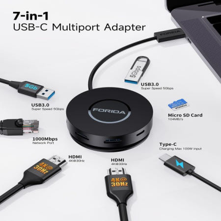 [해외]7-in-1 USB 컴퓨터 인터페이스 확장 듀얼 4K HDMI 포트 100W PD 기가비트 이더넷 C 3.0 노트북/MacBook/Dell/Lenovo용 허브