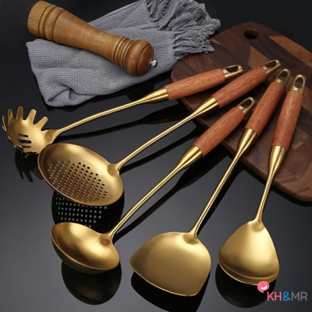 6피스 골든 304 스테인리스 스틸 주방용품 세트 (파덕 나무 손잡이 수프 및 슬롯 포함) 가정용