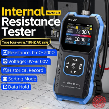 FNIRSI HRM-10 휴대용 배터리 테스터: 0-100V/0mΩ-200Ω 4선 측정 ±0.5% 자동 정렬 및 데이터 내보내기 범위
