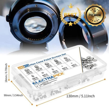 나사 240pcs 스테인레스 스틸 육각 소켓 나사 세트 슬롯 헤드 콘 포인트 그럽 M3 테이퍼 (박스 포함)