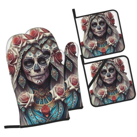 Santa Muerte 스페인 오븐 장갑 및 냄비 홀더 베이킹 주방 요리용 4개 세트 그릴 미끄럼