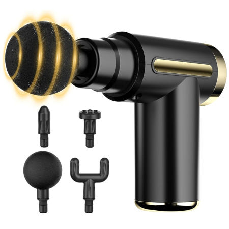 [해외]코소코 미니 휴대용 마사지 건, 6단 속도의 딥 티슈, 4개의 헤드가 있는 무선 근육 마사지기, 타입-C 충전, 여행 크기, 최고의 선물 Black