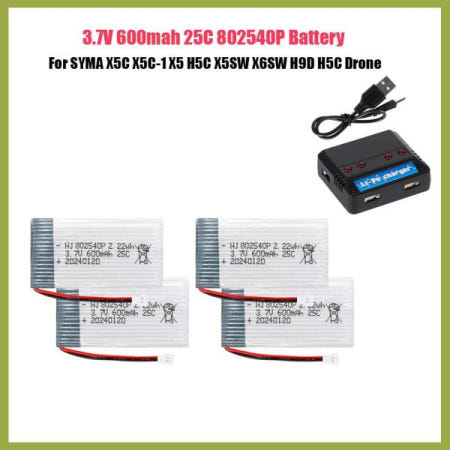 4개 3.7V 600mAh 리포 배터리  SYMA X5C X5C-1 X5SW X6SW H9D H5C 쿼드콥터 부품용 충전동 802540 충전