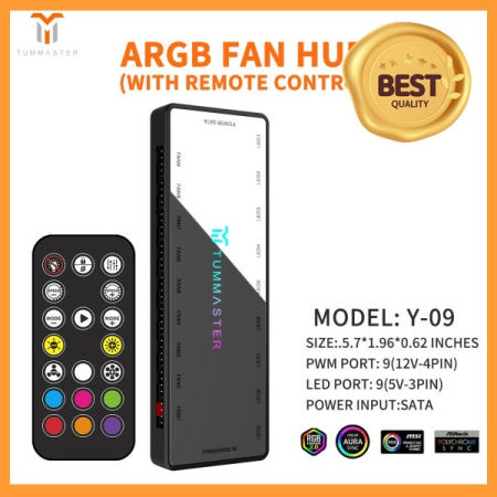 [해외]100% 호환 ARGB PWN 팬 허브 9포트 4핀 PC 컨트롤러 5V-3핀 자기 흡입 SATA 전원 RF 원격 LED 조명