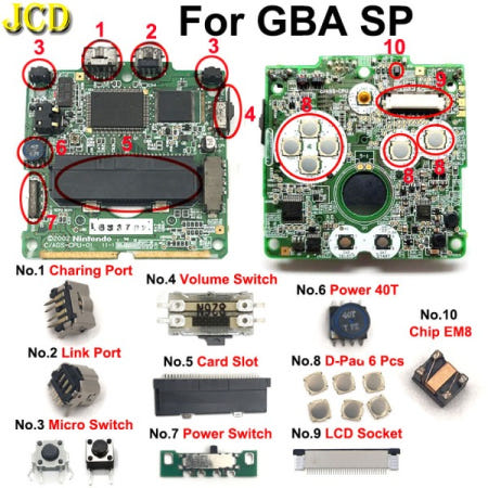 JCD 마더 보드 마이크로 전원 볼륨 스위치 버튼 스피커 슬롯 소켓 화면 GBA SP 게임 콘솔 용 FPC 커넥터