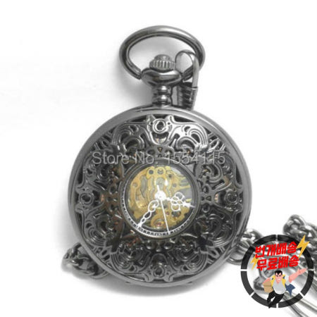 10 개/몫 DHL 무료  검은 중공 새겨진 꽃 고품질 기계식 주머니 시계 플립 로마 다이얼
