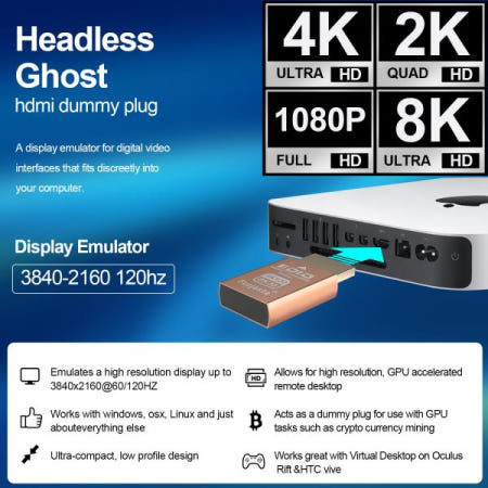 암호화폐 채굴 장비 PC 워크스테이션 및 VR 헤드셋용 HDMI 2.1 가상 디스플레이 어댑터 더미 플러그 4K 120Hz