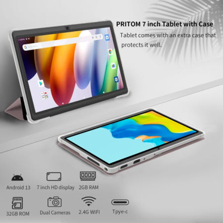 [해외]Pritom 7인치 태블릿 PC Android 13 쿼드 코어 4GB(2+2GB 가상) RAM 32GB WiFi 듀얼 카메라 USB 가죽 케이스 포함