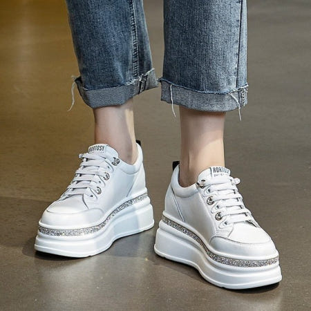 PZ6-11 여성 가죽 6CM통굽 큐빅포인트 블링블링 데일리 키높이 운동화 스니커즈 슬립온(2/C)