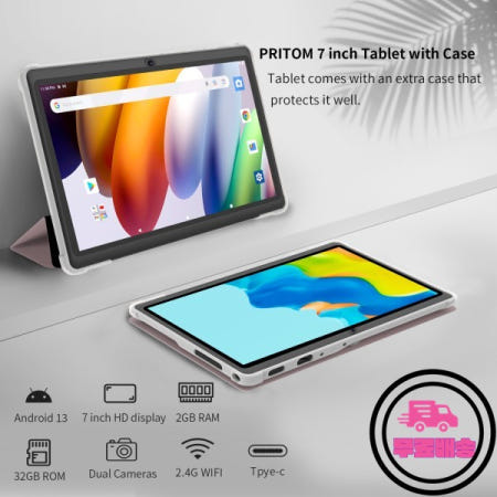 Pritom 7인치 태블릿 PC Android 13 쿼드 코어 4GB(2+2GB 가상) RAM 32GB WiFi 듀얼 카메라 USB 가죽 케이스 포함