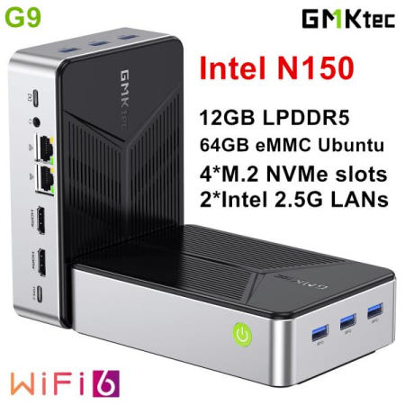 [해외]GMKtec NAS 미니 PC 방화벽 컴퓨터 G9 인텔 N150 4 베이 M.2 NVMe 슬롯 12G LPDDR5 64GB 우분투 2x2.5G Homelab 서버 WiFi6
