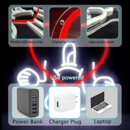 나쁜 귀여운 토끼 하트 네온 사인 LED 재미있는 가수 상품 밝기 조절 가능 만화 힙합 벽 장식