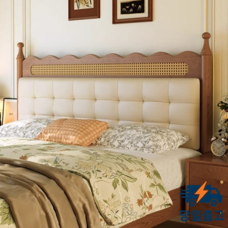 체리 레트로 원목 더블 침대 마스터 프레임 프랑스 앤티크 라탄 가죽 코르크