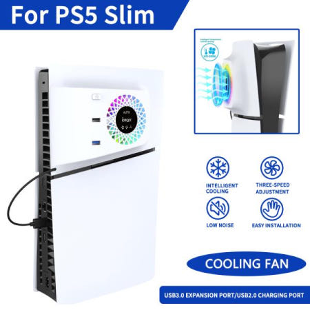 PS5 Slim 디스크 드라이브/디지털 에디션용 RGB 조명/조절  풍속/3단계 라디에이터가 있는 냉각 팬 게임 액세서리