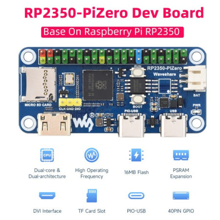 [해외]호환 Waveshare RP2350-PiZero 라즈베리 파이 피코 2 마이크로컨트롤러 SRAM 16MB 플래시 TF 슬롯 PIO-USB 포트 DVI 인터페이스