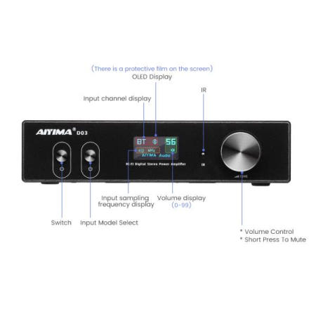 [해외]AIYIMA-D03 블루투스 앰프 150Wx2 스테레오 HiFi 사운드 Amplificador 서브 우퍼 USB DAC OLED APTX DIY 2.1 홈 오디오