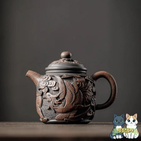 [해외]Yunnan Jianshui 보라색 도자기 티팟 완전 수제 깊은 조각 골든 벨 드래곤 피닉스