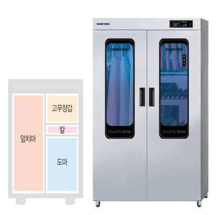 SK-UV10051 복합소독기 앞치마8벌, 고무장갑15켤레, 칼15개, 900mm도마8개 살균 건조 선경산업