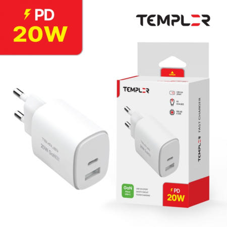 템플러 PD 20W 2포트 듀얼충전 USB충전기 PD충전기 C타입 Travel Charger 슬림형 초소형 간편휴대 과충전 과전류 보호회로