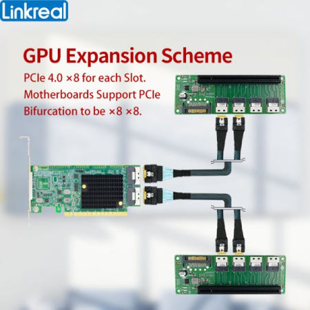 Linkreal GPU 확장 솔루션 PCIe 4.0 리타이머 및 SFF-8654 케이블이 포함된 슬롯 분기점 필요