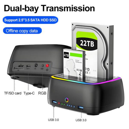 7IN 1 듀얼베이 하드 드라이브 스테이션 USB3.0 5Gbps SATA HDD 도킹 2.5/3.5인치 오프라인 복제 지원 슬롯 포함，7 Dual-bay Hard Drive St