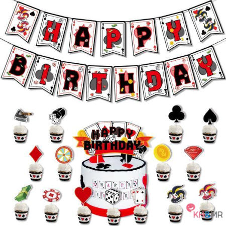 카지노 나이트 포커 테마 배너 케이크 토퍼 생일 파티 도박장 베이킹 용품