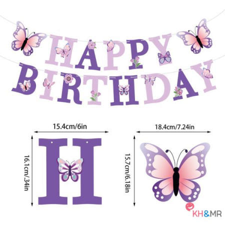 보라색 생일 장식 나비와 함께 사전으로 연결된 축하 배너 여성을위한 DIY 파티 소녀
