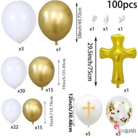 100개입 화이트 & 골드 첫 영성체 풍선 가랜드 아치 세트 – 장식 및 신의 축복 테마 세례식에 이상적