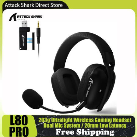 ATTACK SHARK L80PRO 초경량 무선 게임용 헤드셋 구부릴 수 있는 듀얼 마이크 시스템 2.4Ghz/BT/3.5mm 유선 PC/Mac/PS/XBOX용