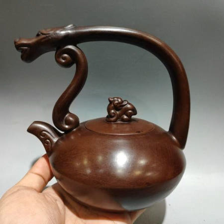 오래된 중국 수공예품 에나멜 이싱 지사(붉은 도자기) 찻주전자 리프팅 핸들이 있는 드래곤 포트 마크 무료