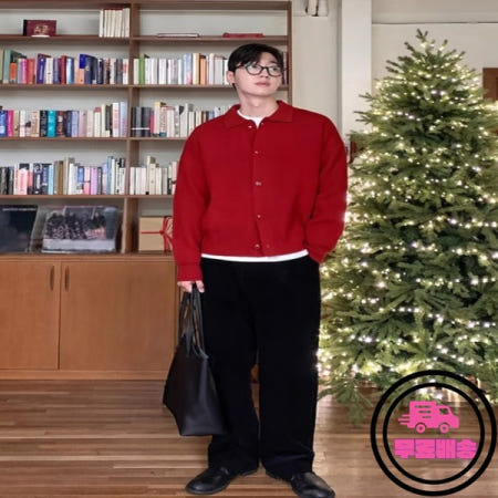 레드 니트 오픈 가디건 남성 가을 겨울 패션 아우터 긴팔 턴다운 칼라 행운의 해 도시 스타일
