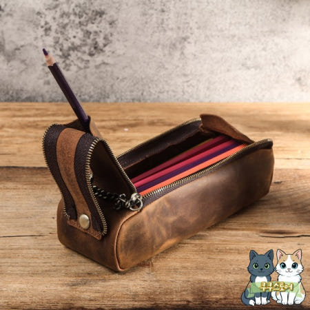[해외]쿠쿠스토어 빈티지 크레이지 호스 가죽 연필 케이스 이중 지퍼 펜 파우치 슬롯 포함 대량 학생 문구 정리함