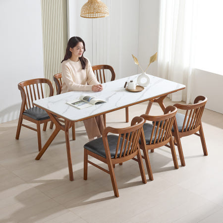 라로퍼니처 볼더 포세린 통 세라믹 원목 세트 6인식탁+의자6, 1900mm, 화이트