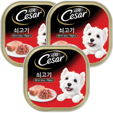 시저 캔사료 습식 애견 사료 주식 간식 통조림 소고기 소 강아지 쇠고기, 100g, 3개
